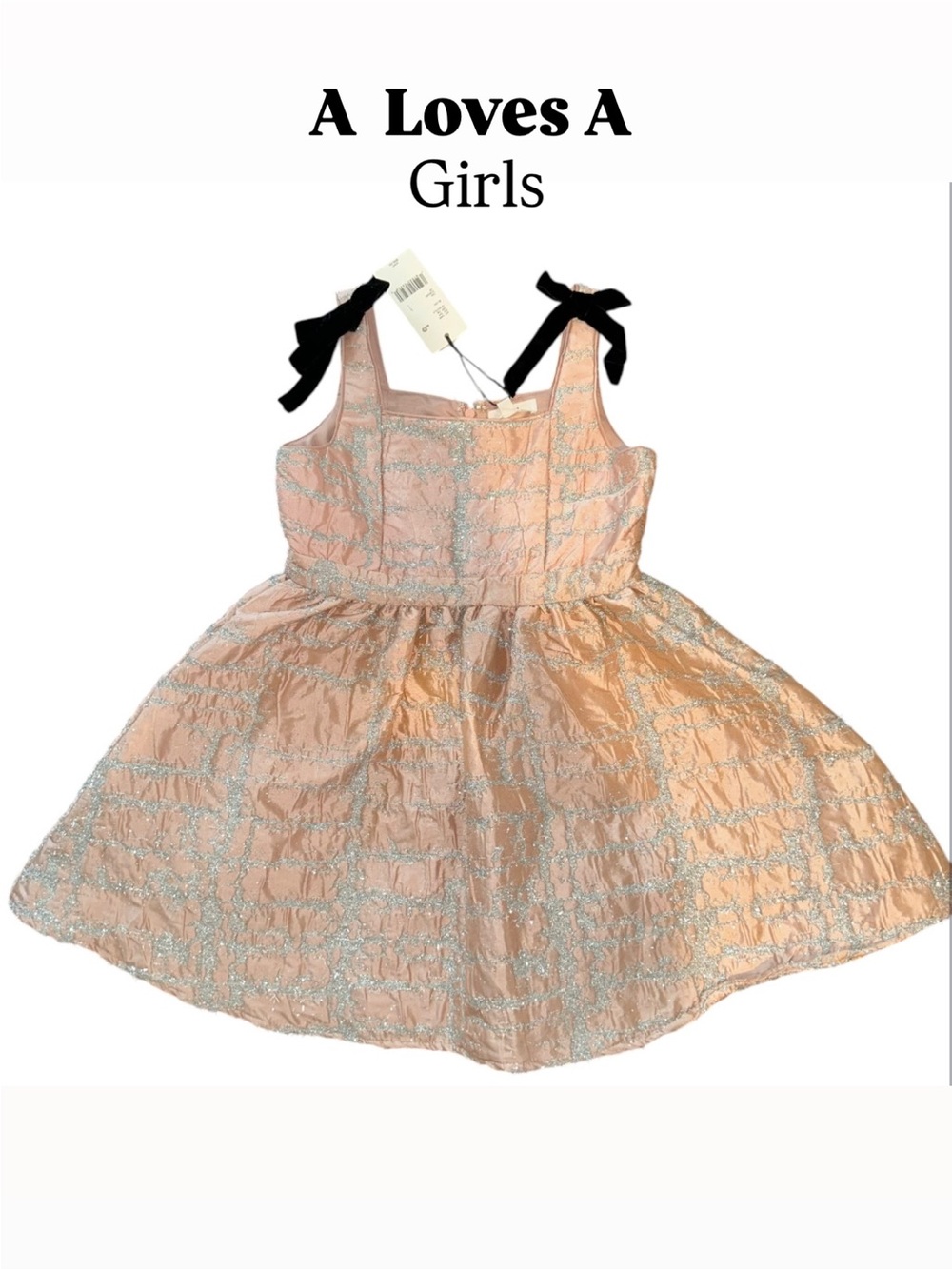 A Loves A Girls Peach Glitter Party Dress with Black Ribbon Straps Size L